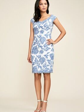 Tadashi Shoji White Midi Dress with Blue Floral Lace